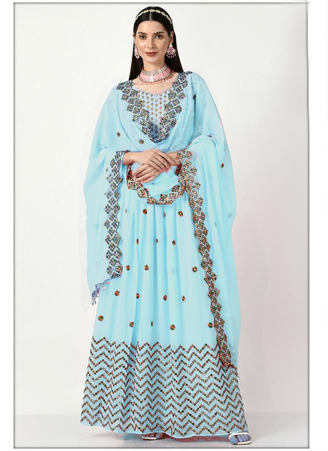 Faux Georgette Sky Blue Traditional Wear Sequinned Lehenga Choli